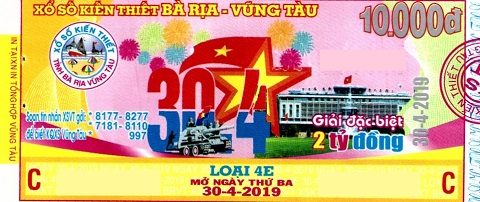 Giải đặc biệt Kỳ vé 4E mở thưởng ngày 30/04/2019